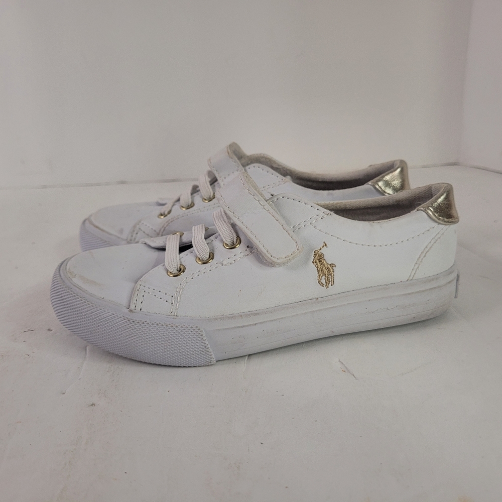 Polo by Ralph Lauren White Leather Kids Sneakers with Gold Accents